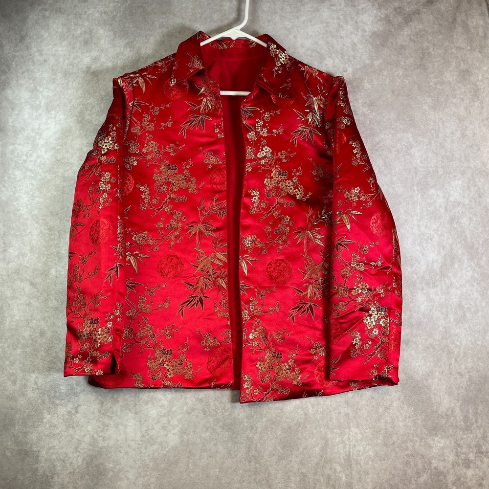 VINTAGE Asian Jacket Blazer Womens Large Red Satin Quilted Embroidered Floral